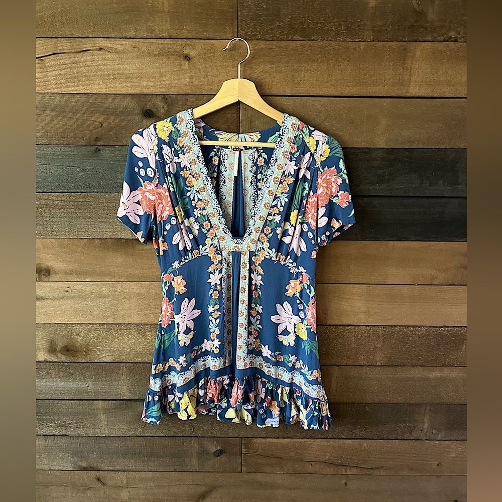 Free People Floral Boho Peplum Top Blue Multicolor Size O